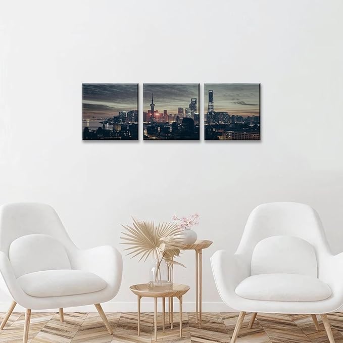 NAN Wind 3Pcs Modern Shanghai Skyline Canvas Wall Art Dusk City Panorama Print Oriental Pearl Tower Night Scene Artwork Living Room Office Decor Black Grey Gold Urban Photography Print on Canvas Decor