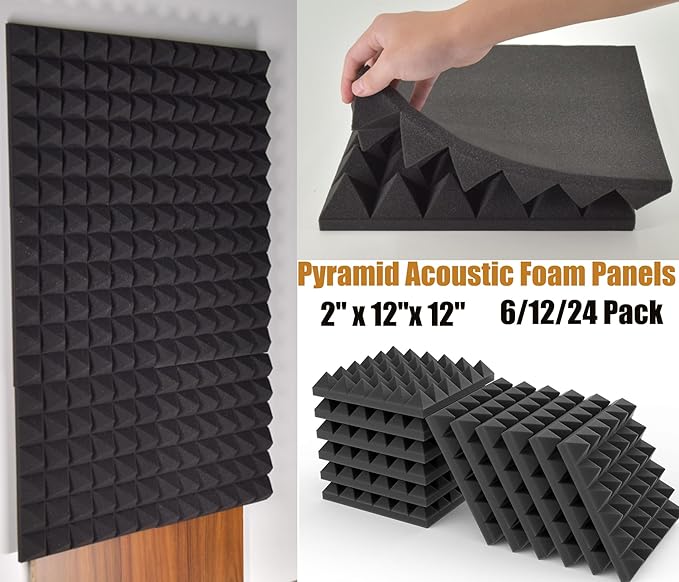 12 Pack Soundproof Wall Panels, Saiqiang Acoustic Foam 2" x 12"x 12" Sound Panels Acoustic Panels Sound Absorbing Black Sound Proof Panels for Walls Pyramid Soundproofing Studio Foam