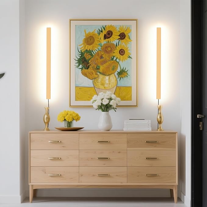 Modern Plug in Wall Sconces, 23.6 inch Frosted Gold LED Long Wall Lights, 12W Warm White 3000K Acrylic Indoor Wall lamp,with 59" Plug Cable for Bedroom, Living Room, Bathroom Makeup, Hallway