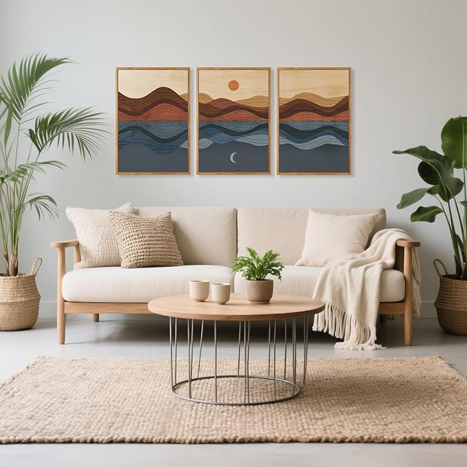 CHDITB Sunrise Moon Landscape Framed Canvas Wall Art, Nature Mountain Sea Wall Decor, Minimalist Artwork Abstract Waves Line Painting, Vintage Prints for Living Room Beach House Office-16 x24 x3