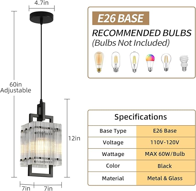 Modern Pendant Light Fixtures with Clear Glass Matte Black Pendant Lights Kitchen Island Adjustable Square Hanging Pendant Lighting for Dining Room Over Sink Hallway 2 Pack 12 inches