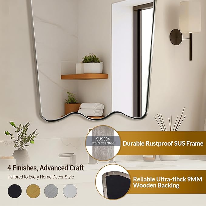 ANDY STAR 24x36 Brushed Nickel Scalloped Bathroom Mirror, Unique Irregular Wall Mirror, Rustproof Stainless Steel Wavy Metal Frame for Contemporary Bathroom Decor