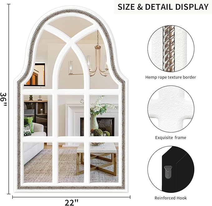 36x22 inches Arched Window Wall Mirrors with Grids, White Farmhouse Wooden Arch Mirror for Dresser, Bedroom, Stairways, Entryway and Living Rooms Decorative