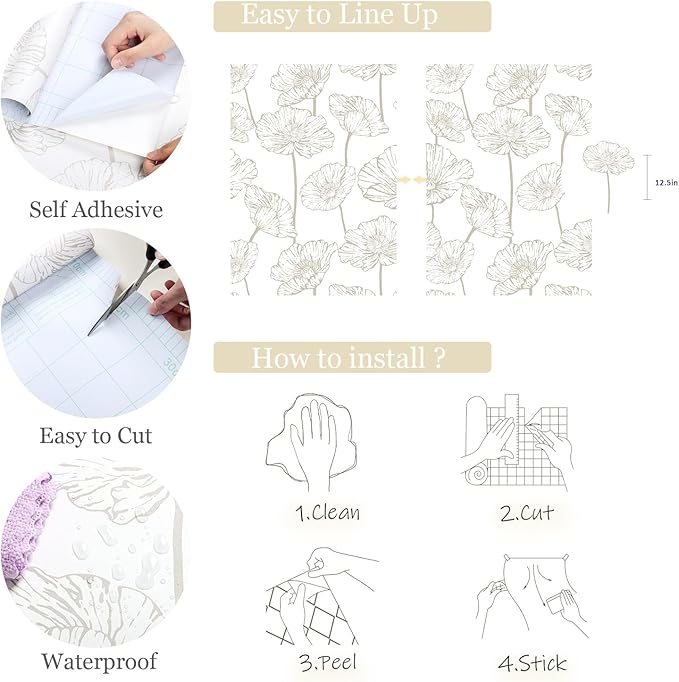 Orainege Peel and Stick Wallpaper Beige and White Floral Wallpaper 17.3inx196.8in Self Adhesive Contact Paper Removable Decorative Wall Paper for Bedroom Bathroom Cabinets Decor Vinyl