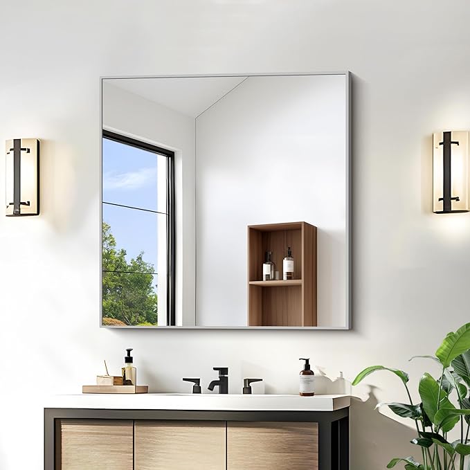 KOCUUY Silver Framed Mirror, 30"x30" Rectangle Bathroom Mirror for Wall, HD Tempered Glass, Anti-Rust Brushed Silver Frame, Modern Design for Bathroom, Bedroom, Living Room, Entryway