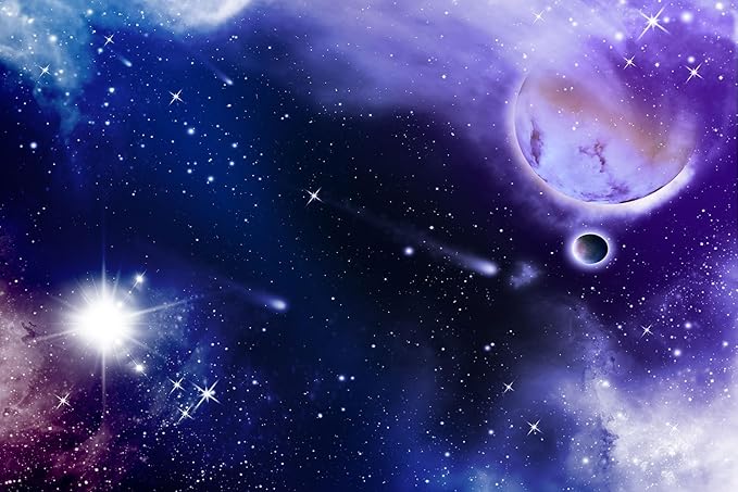 Blue and Purple Starry Sky Wallpaper, Full Moon and Stars Shining Mural, Large Wall Background Mural(Non-self-Adhesive)