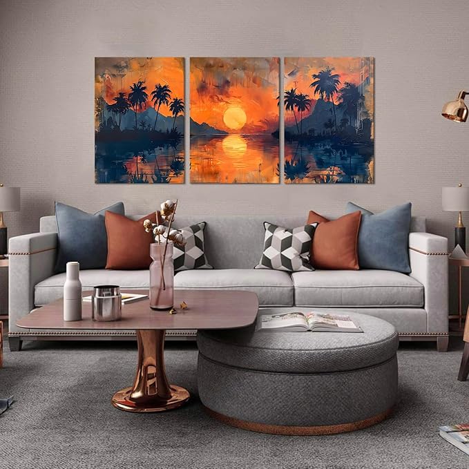 MAMAGO Beach Coconut Trees Wall Decor Coastal Sunset Natural Landscape Canvas Print Poster Oil Painting Style Orange Skyline Modern Home Decor Framed Easy to Hang-20”W x 28”Hx3pcs