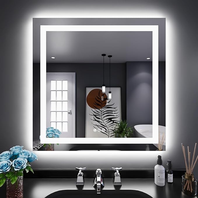 LOAAO 32"X32" LED Bathroom Mirror with Lights, Anti-Fog, Dimmable, Backlit + Front Lit, Lighted Bathroom Vanity Mirror for Wall, Memory Function, Tempered Glass, Shatter-Proof, ETL Listed