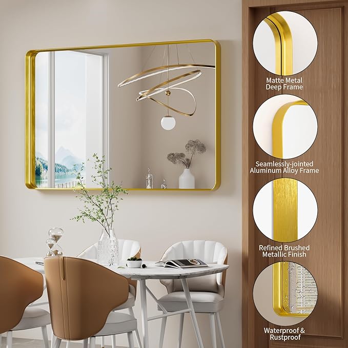 Koonmi Gold Wall Mirror for Bathroom, 36x55 Inch Matte Deep Framed Rounded Rectangle Vanity Mirror for Farmhouse Living Room, Tempered Glass, Anti-Rust, Vertically or Horizontally