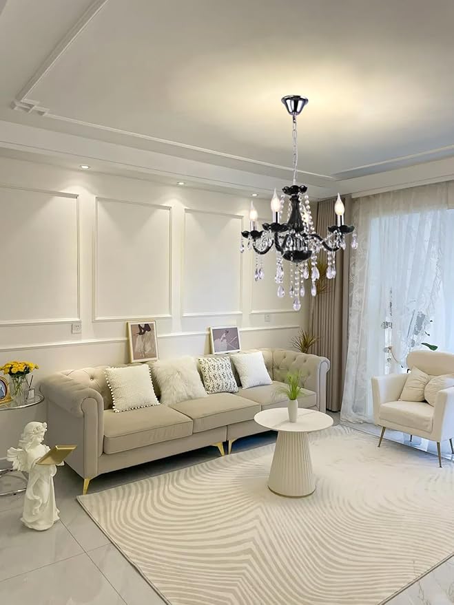 MALOSA Small Black Crystal Chandeliers,4 Lights Mini Black Glass Chandelier for Living Room,Bedroom,Dining Room,Kitchen Island.