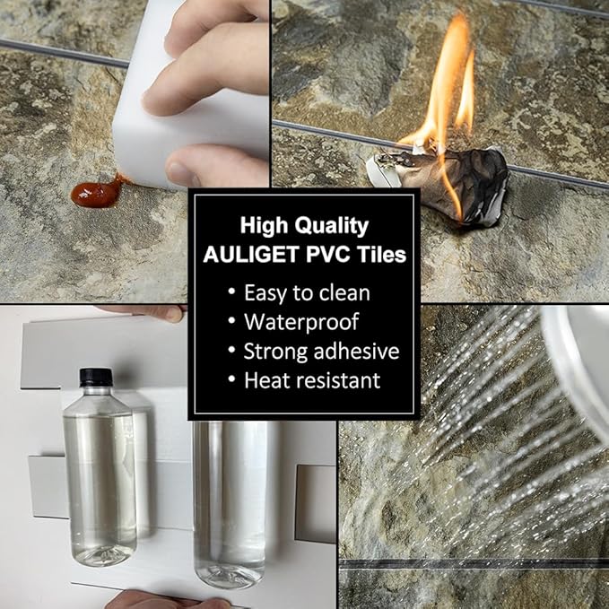 AULIGET 6" x 12" Beige & Brown Slate Peel and Stick Backsplash Wall Tiles, PVC Faux Stone Stick on Tiles for Backsplash Kitchen, Bathroom, Laundry Room, Camper, Fireplace (Pack of 20)