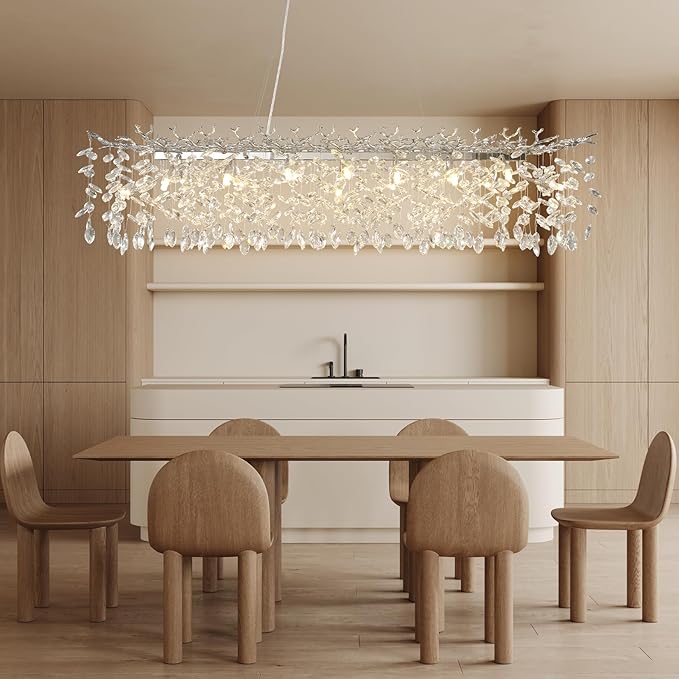 60" Modern Crystal Chandelier, 16-Light Silver Tree Branch Chandelier for Dining Room, Luxury Rectangular Raindrop Chandeliers for Kitchen Island, Living Room, Foyer, Contemporary K9 Light Fixture