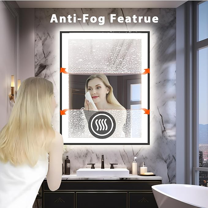 24x32 LED Bathroom Mirror, Black Aluminum Framed, Backlit + Front-Lit, 3 Colors Temperature Changeable, Dimmable Vanity Mirror, Tempered Glass, Defog, Waterproof, Memory (Horizontal/Vertical)