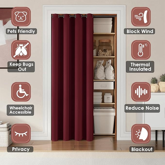 ChrisDowa Blackout Door Curtains for Doorway Privacy, Grommet Closet Curtains for Bedroom Closet Door, Thermal Insulated Doorway Cover Room Divider Drapes (1 Panel, Burgundy Red, 52 x 80 Inch)