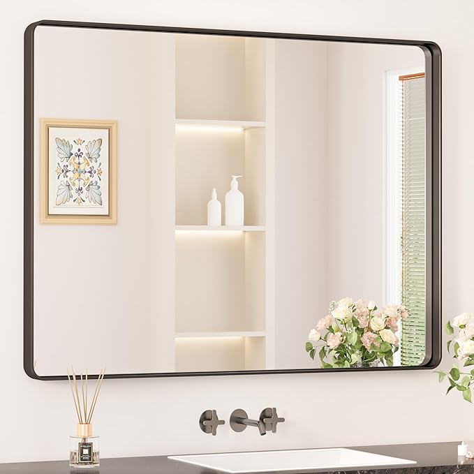 Keonjinn Black Framed Mirror for Bathroom 40 x 30 Inch Rounded Rectangle Wall Mirror, Matte Black Vanity Mirror for Over Sink, Tempered Glass Farmhouse Mirrors Seamless Metal Frame