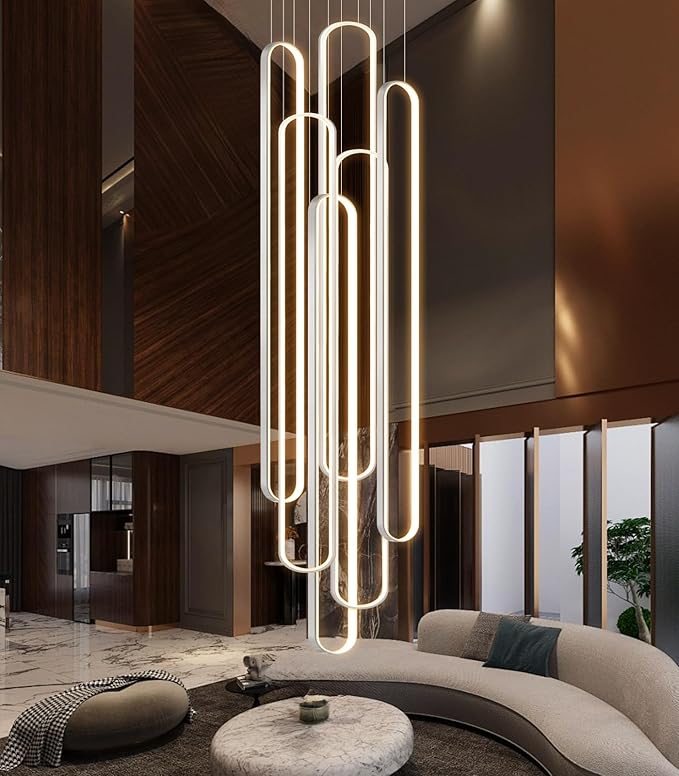 6 Rings Modern Large Chandelier for Staircase High Ceiling Chandelier LED Dimmable Black Chandeliers for Foyer Living Room Villa Sliver