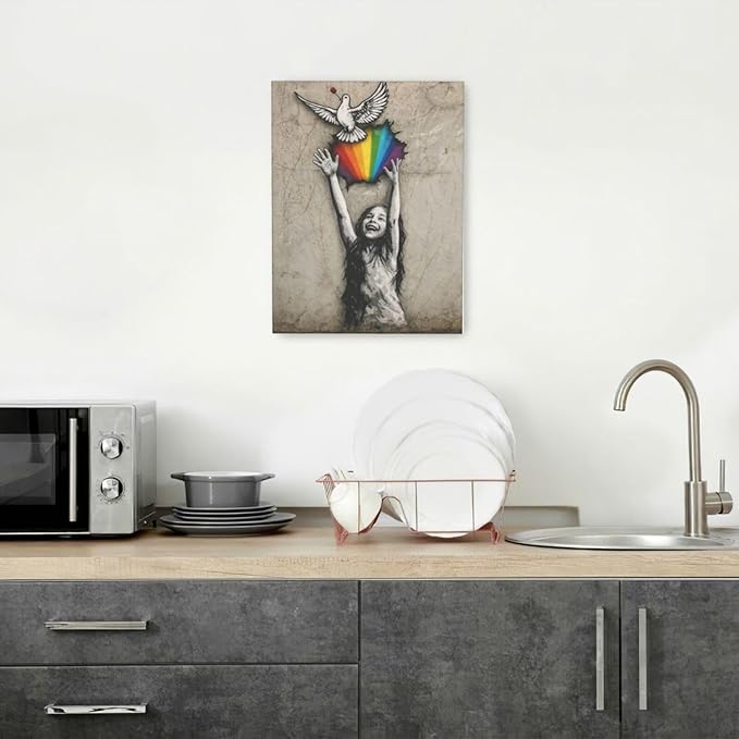 Banksy Street Graffiti Wall Art Rainbow Canvas Wall Decor Love And Peace Pictures Paintings Prints Artwork Framed Modern Decorations For Bedroom Bathroom Office Living Room Gifts 12" x 16"