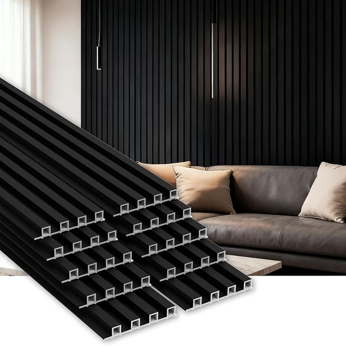 10Pack WPC Slat Wall Panels, 96 x 6.4 x 0.8Inches 3D Accent Wall Panels for Interior Home Decor, Fluted Wood Paneling for Living Room, TV Background, Office, Bedroom (Matte Black)