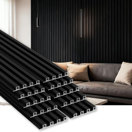 10Pack WPC Slat Wall Panels, 96 x 6.4 x 0.8Inches 3D Accent Wall Panels for Interior Home Decor, Fluted Wood Paneling for Living Room, TV Background, Office, Bedroom (Matte Black)