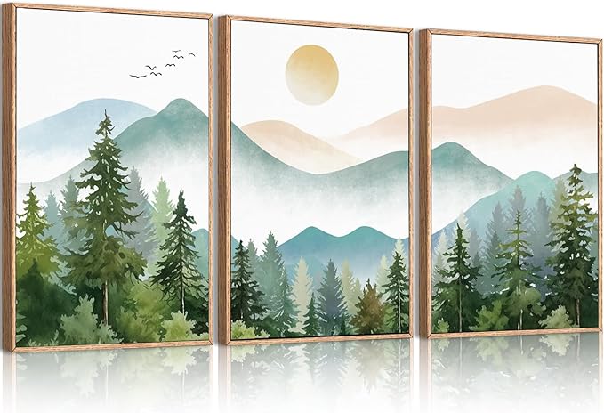 Anyzal Framed Green Mountain Wall Art Forest Painting Framed for Living Room Bedroom Bathroom 16x24 Inch Set of 3