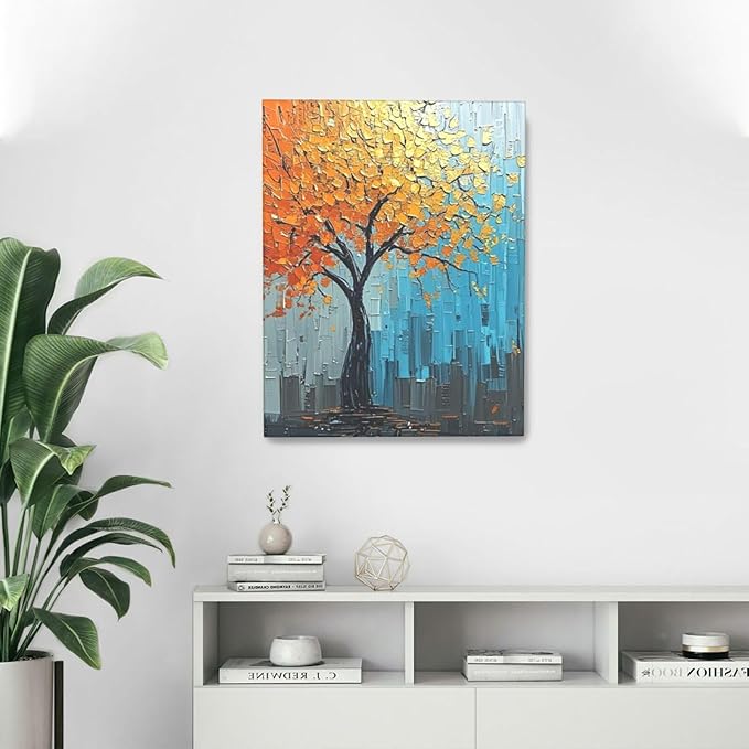 Abstract Wall Art Gold Tree Framed Modern Artwork Canvas Painting Textured Tree of Life Pictures Home Decor For Living Room Bedroom Bathroom Office 16"X20"