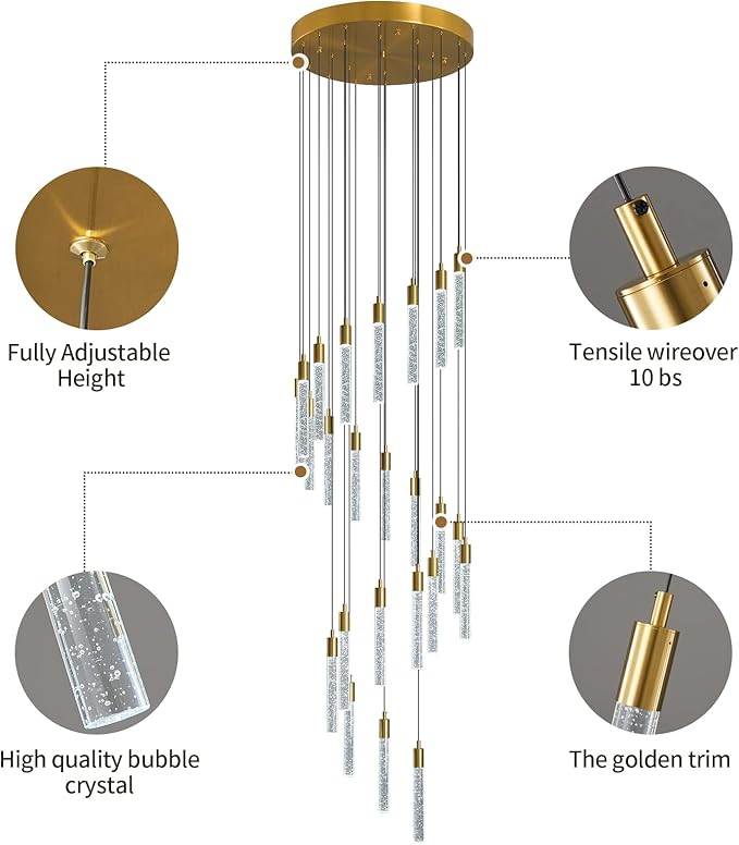 24-Light Modern Living Room Chandelier Gold Brass Finish Crystal Ceiling Pendant Lights LED Dimmable 144W 6000K Staircase Large Chandeliers for Entryway Lobby Foyer High Ceiling Chandeliers