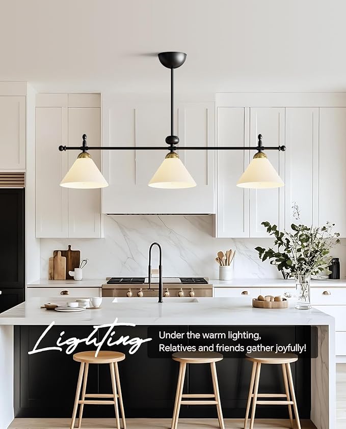 Linear Chandelier, Modern Chandelier for Dining Room Light Fixture, Dining Light Fixtures with Milk Glass Shade Pendant Lights Kitchen Island for Restaurant, Living Room (Black, 3-Lights)