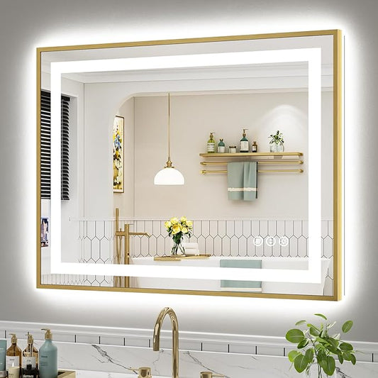 40x32 Inch LED Bathroom Mirror with Gold Frame, Backlit & Front Lit, Anti-Fog Lighted Bathroom Vanity Mirror for Wall, Memory Function, Dimmable, HD Tempered Glass, Shatter-Proof