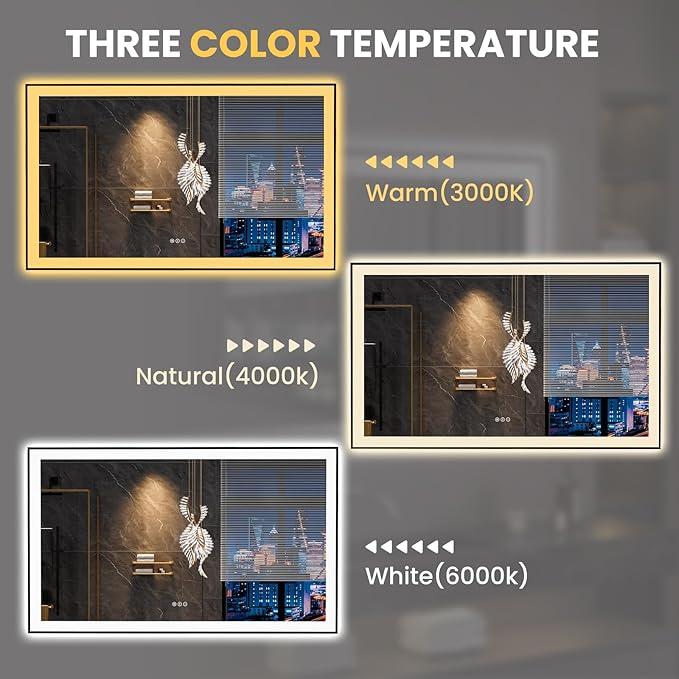 LOAAO 60"X36" LED Bathroom Mirror Black Framed, Anti-Fog, Dimmable, Lighted Bathroom Vanity Mirror for Wall, Memory Function, Tempered Glass