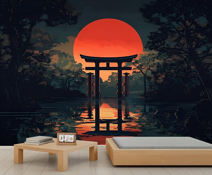 Japanese Style Mural Wallpaper, Japanese Torii Gate Murals, Red Sun Forest Murals Wallpaper for Living Room Bedroom Tv Background Wall Home Decor Mural (Not Peel Stick)