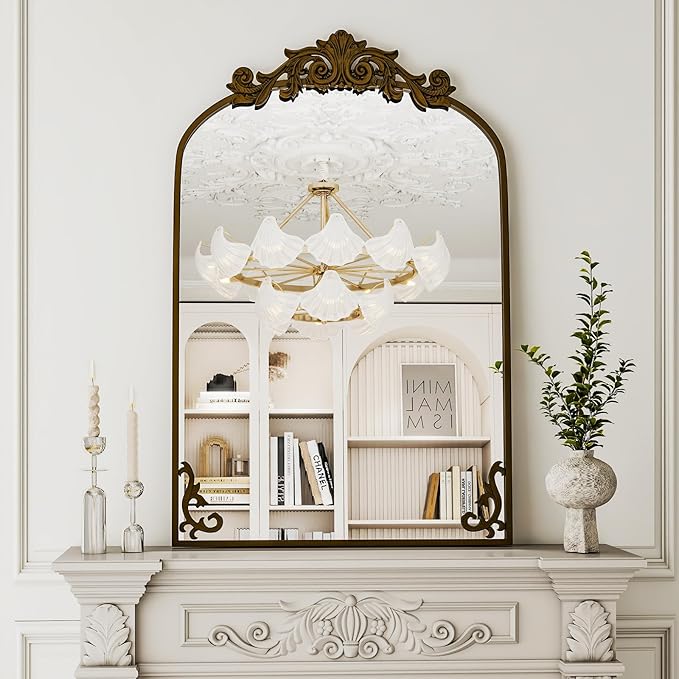 38"x 26" Arched Bathroom Mirror, Wall-Mounted Mirror with Carved Metal Frame & Bottom Art Carved, Vanity Mirror for Home Decor, Hanging Wall Mirror with Baroque Ornate Carved Accents, Vintage Bronze