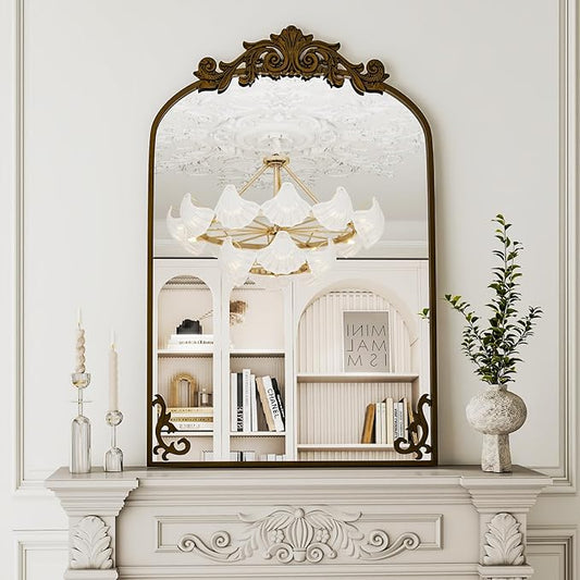 38"x 26" Arched Bathroom Mirror, Wall-Mounted Mirror with Carved Metal Frame & Bottom Art Carved, Vanity Mirror for Home Decor, Hanging Wall Mirror with Baroque Ornate Carved Accents, Vintage Bronze