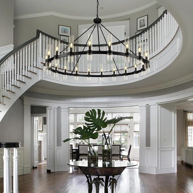 Black Wagon Wheel Chandelier, 60 Inch Chandeliers with Glass Shade, 20-Light Large Chandelier for High Ceiling, Modern Farmhouse Chandeliers for Living Room, Dining Room, and Entryway(Bulbs Included)