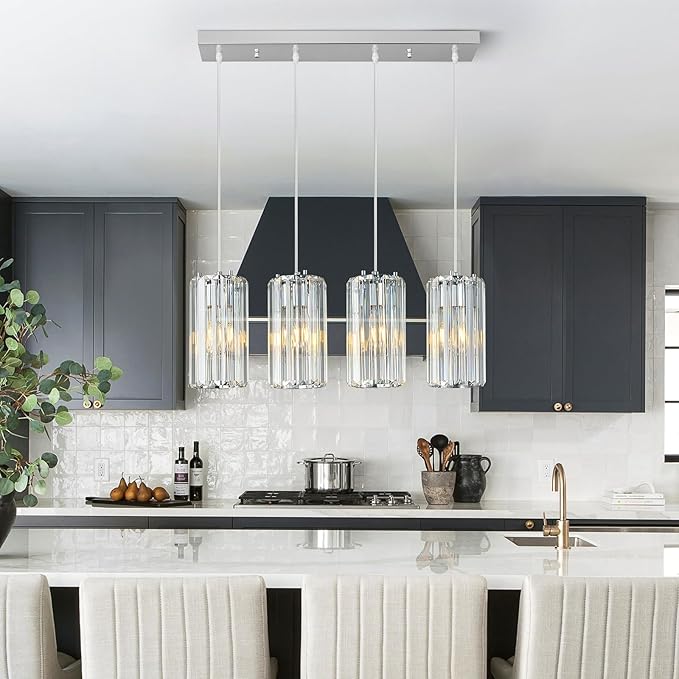 Chrome Pendant Lighting Modern Pendant Light, Mini Crystal Chandeliers,Adjustable Pendant Light Fixture for Kitchen Island Dinning Room Corridor Bedroom…(Gold 4-Light)