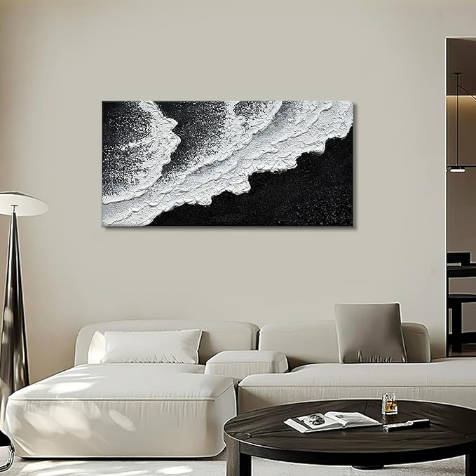 Black and White Beach Wave Textured Wall Art 3D Oil Painting Hand Painted Abstract Canvas Framed 40x20 Inch Acrylic Painting