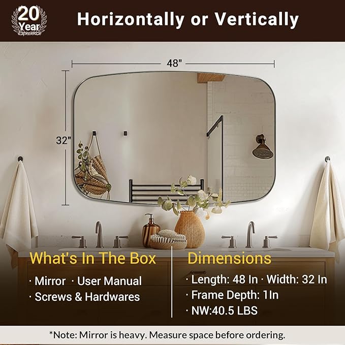 ANDY STAR Brushed Nickel Bathroom Mirror, 32x48 Oblong Mirror with Stainless Steel Metal Frame, Silver Oval Vanity Mirror for Over Sink, Modern Anti Rust Wall Mounted