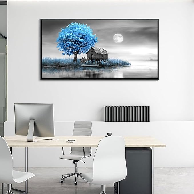 JEAWA Framed Canvas Wall Art Decor - Blue Gray Wall Art for Bedroom Living Room Home Office, Winter Landscape Wall Art Canvas Paintings, Moon Pictures Wall Decor, Tree Art Wall Decor, 24x48 IN
