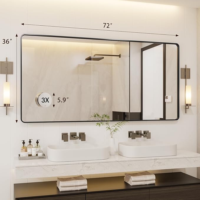 72X36 Inch Black Metal Framed Bathroom Mirror for Wall, Rounded Rectangle Vanity Mirror, Environmentally Friendly, Anti-Rust