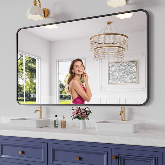 Koonmi Bathroom Mirror, 36X60 Inch Black Metal Framed Mirror for Bathroom, Tempered Glass, Anti-Rust, Rounded Rectangle Mirror for Restroom, Bedroom, Black