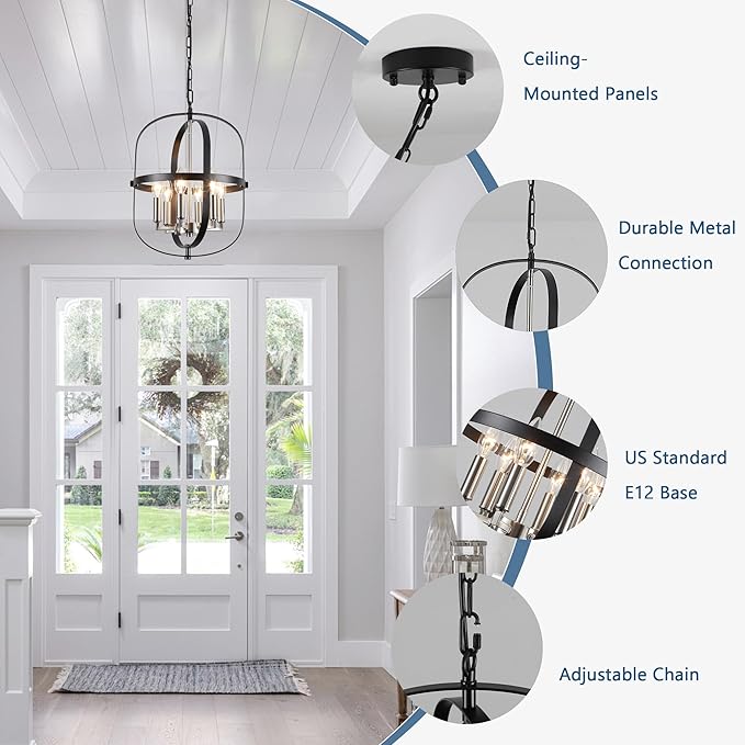 ANKYLHUA Black Nickel Chandeliers for Dining Room,Chandelier 6-Light,E12 Base Light Fixture Adjustable Height,Ellipse Farmhouse Hallway Light Fixtures for Kitchen Entryway Foyer