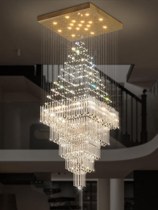D40''X H100'' Extra Large Chandeliers for High Ceilings Crystal Raindrop Gold Chandeliers Large Villa Chandelier Entrance Foyer Square Ceiling Light LED Dimmable 2700K-6000K 16 led bulbs include