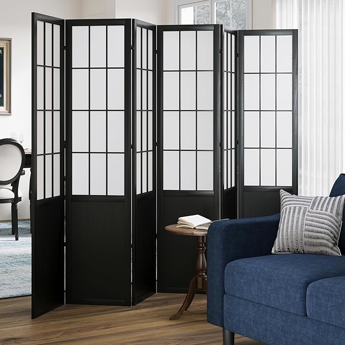 5.6FT Room Divider and Folding Portable Partition Screen, Chinese Japanese Shoji Style for Room Separation - 6 Panel (Black)