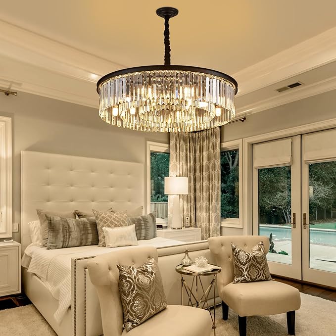 31.5" 12-Light Modern Crystal Chandelier Light Fixtures 3 Rings Black Luxury Chandeliers for Living Room Glam Round Hanging Ceiling Pendant Lighting for Entryway Kitchen Bedroom Dining Room