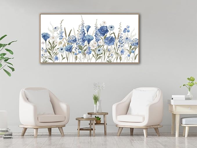 arteWOODS Elegant Flowers Framed Wall Art - Blue White Botanical Pictures for Wall Decor Floral Blossom Canvas Painting Print Artwork for Living Room Bedroom Home Office Wall Decoration 29" x 58"