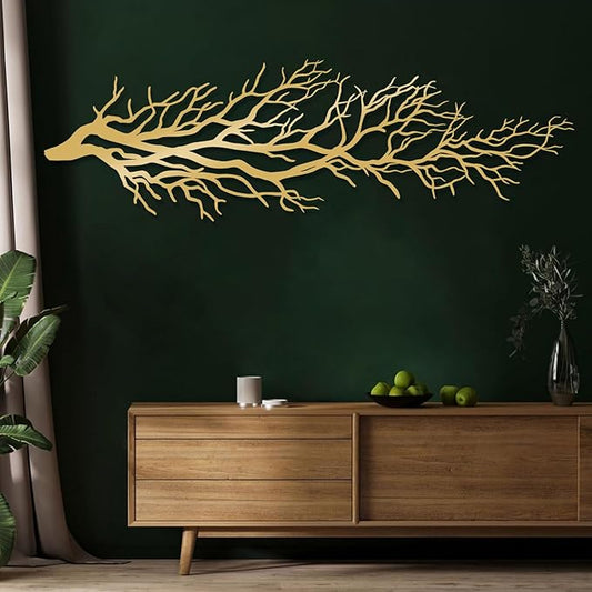 Metal Tree Branch Wall Art - Nature Sculpture, Dry Ivy Home Decor Sign, Large Housewarming Gift (11"x35"|28x90cm, Gold)