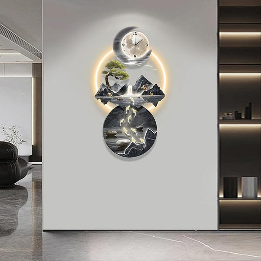 LED Light Art Wall Decor, 3D Art Wall Decor Clock, Decor Wall Sculptures with Lights, Modern Home Decor Landscape Wall Sculpture, Plug-in Power Supply, Blue a, 19x39IN