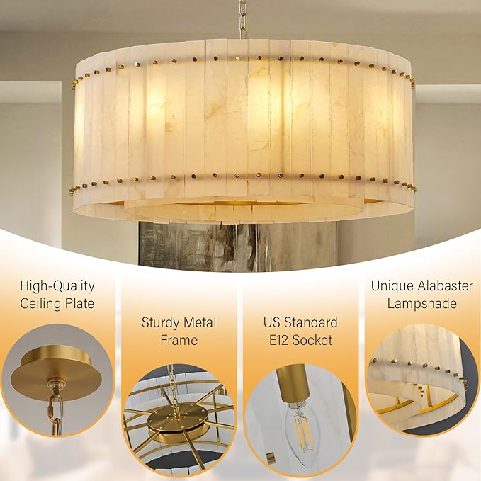 37" Round Alabaster Chandelier, Modern Dining Room Chandeliers with Adjust Height, 8-Light Marble Hanging Pendant Dining Light Fixture for Kitchen Island, Living Room, Bedroom, Foyer, Entryway