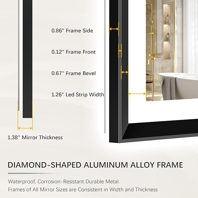 24x36 Black Framed Led Bathroom Mirror with Lights, Front Lit and Backlit, Lighted Vanity Mirror for Bathroom Wall, Anti-Fog, Dimmable, 3 Colors, Memory, HD Tempered Glass