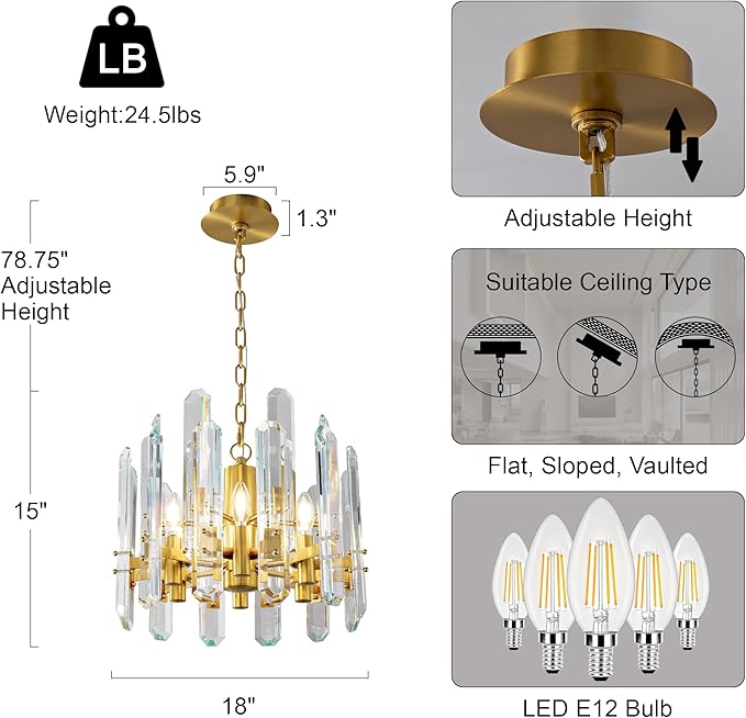 18" Modern Crystal Chandelier, 6-Light Luxury Gold Chandelier for Dining Room, Living Room, Bedroom, Foyer, Kitchen, Restaurant, Contemporary Round Adjustable Chain Chandeliers K9 Light Fixture