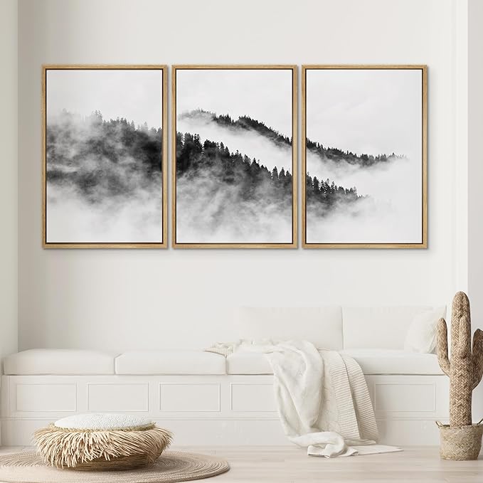 SIGNWIN Framed Canvas Print Wall Art Set Black & White Mountain Forest Valley Nature Wilderness Photography Modern Art Rustic Landscape Relax/Calm for Living Room, Bedroom, Office - 16"x24"x3 Natural